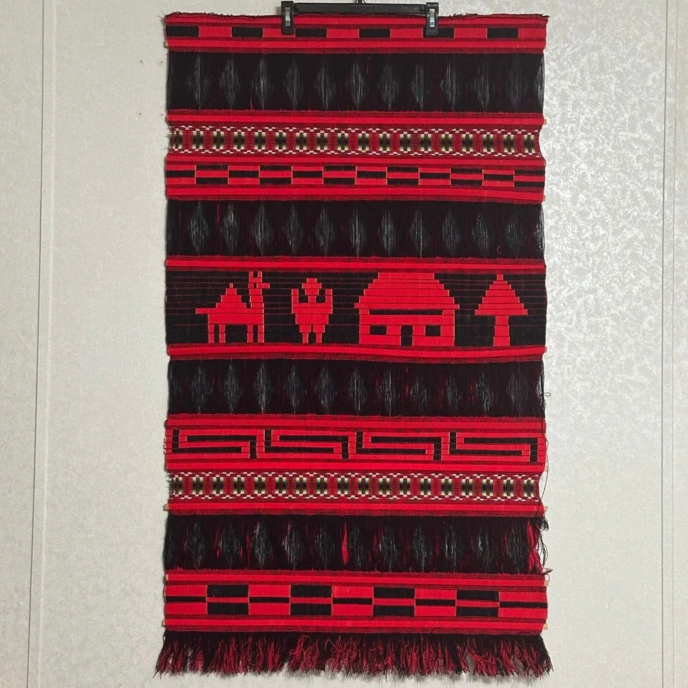 Vintage Hand Woven Peruvian Wall Hanging Motif Red Black Textile Folk Art 49x29